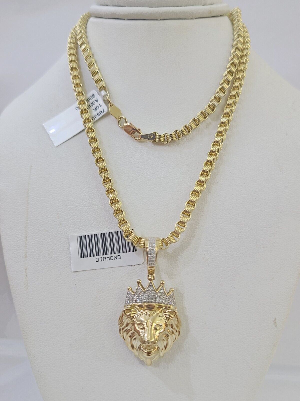 Real 10k Diamond Lion Charm Byzantine Chain Necklace 3mm 22" SET 10kt Genuine - Reva Jeweler