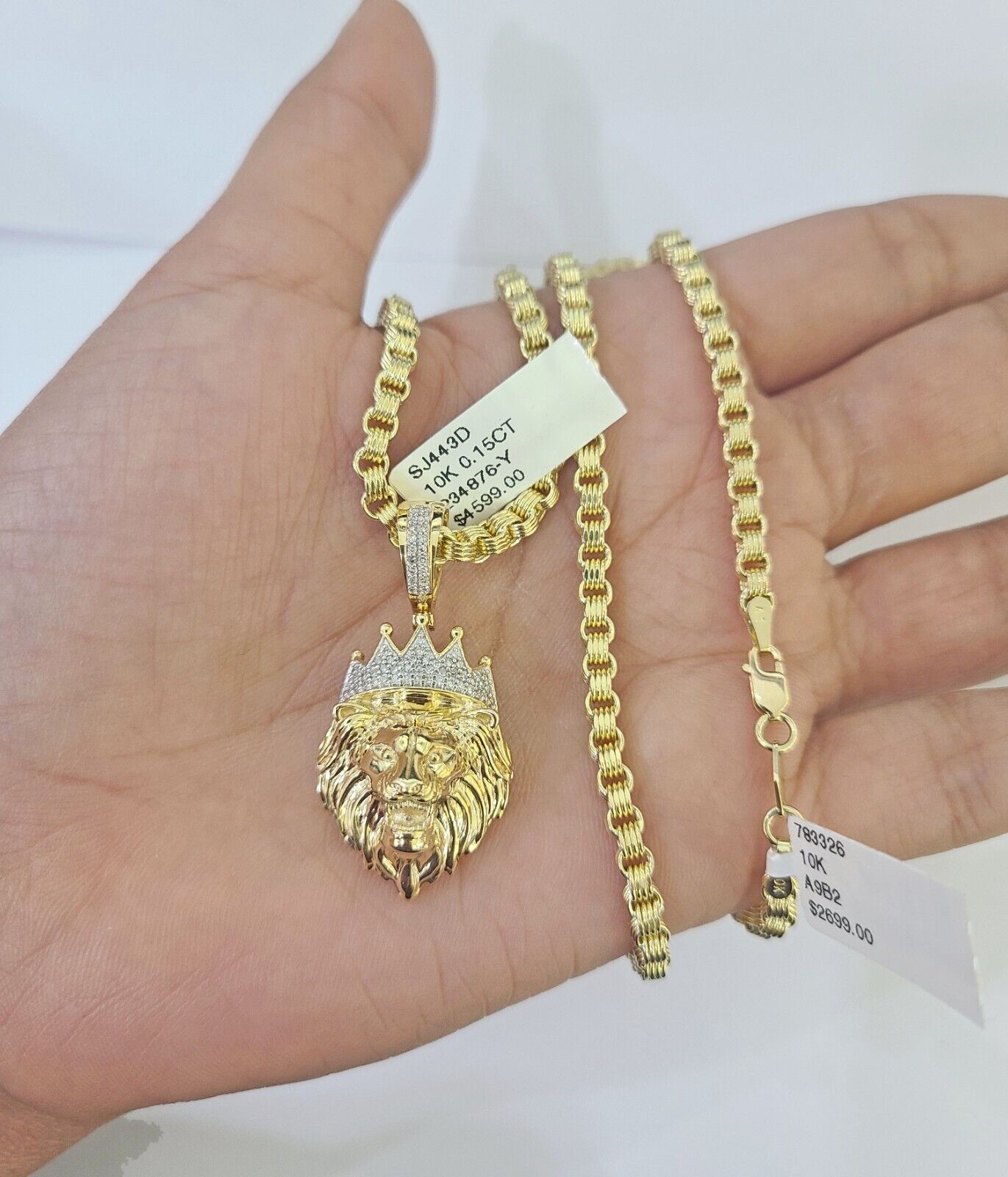 Real 10k Diamond Lion Charm Byzantine Chain Necklace 3mm 22" SET 10kt Genuine - Reva Jeweler