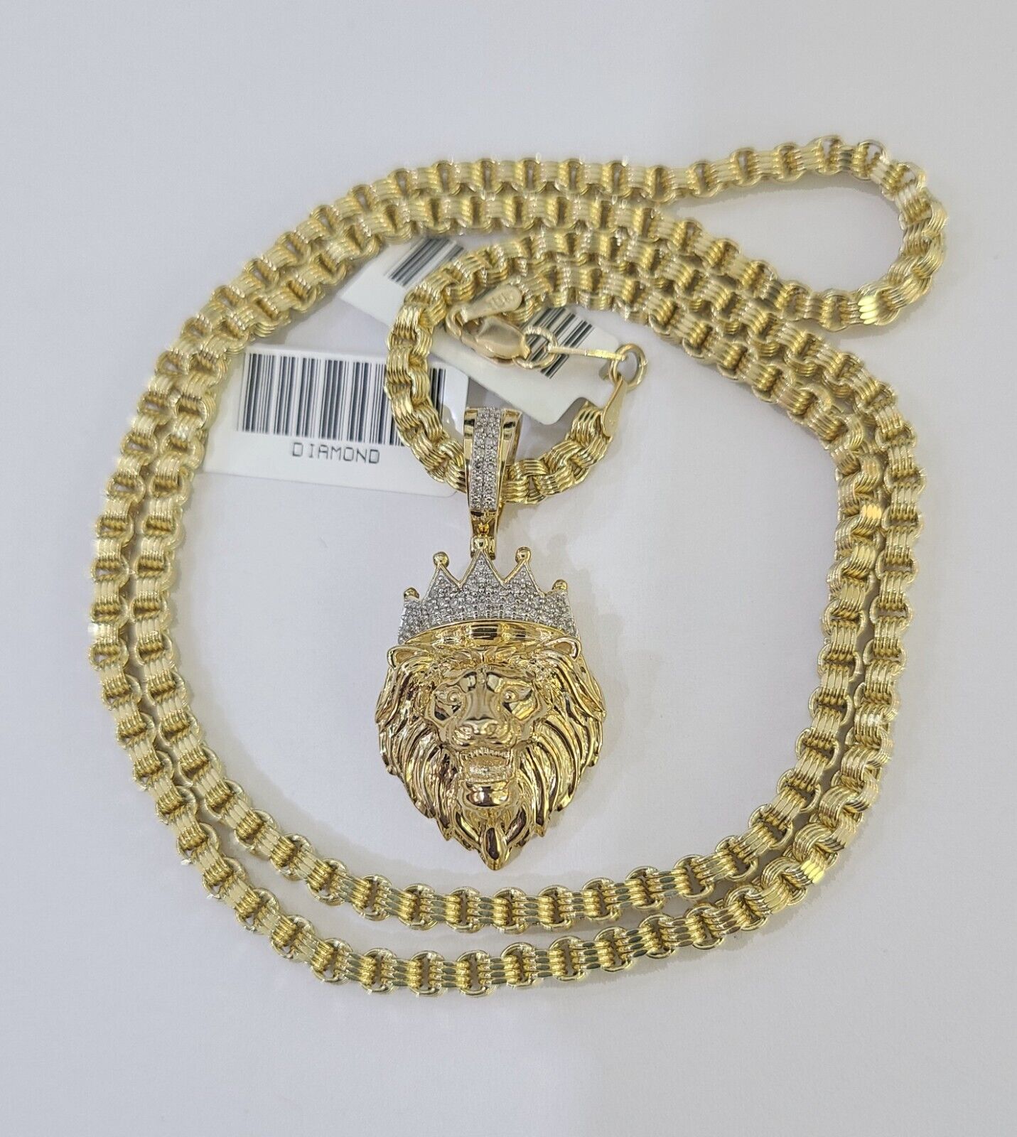 Real 10k Diamond Lion Charm Byzantine Chain Necklace 3mm 22" SET 10kt Genuine - Reva Jeweler