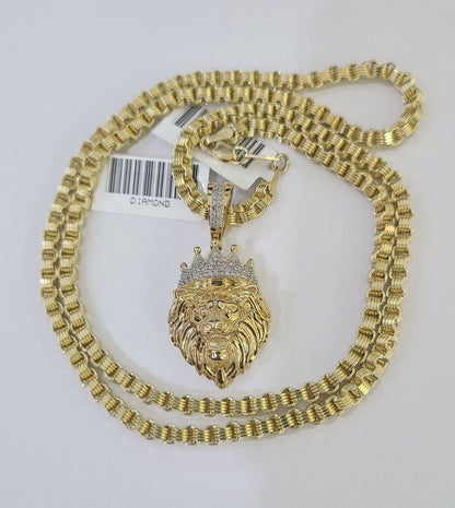 Real 10k Diamond Lion Charm Byzantine Chain Necklace 3mm 22" SET 10kt Genuine - Reva Jeweler