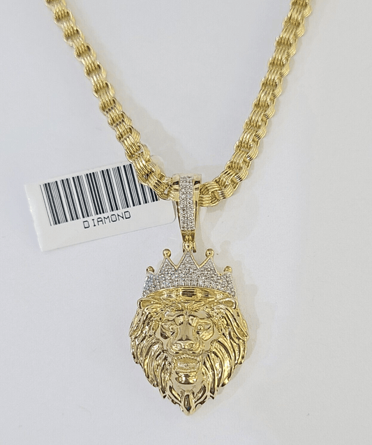Real 10k Diamond Lion Charm Byzantine Chain Necklace 3mm 22" SET 10kt Genuine - Reva Jeweler