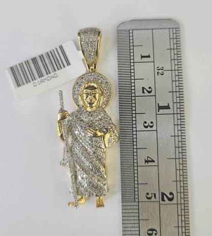 Real 10K Diamond St Jude Charm 2" Yellow Gold Pendant Genuine Real - GoldenlinQ
