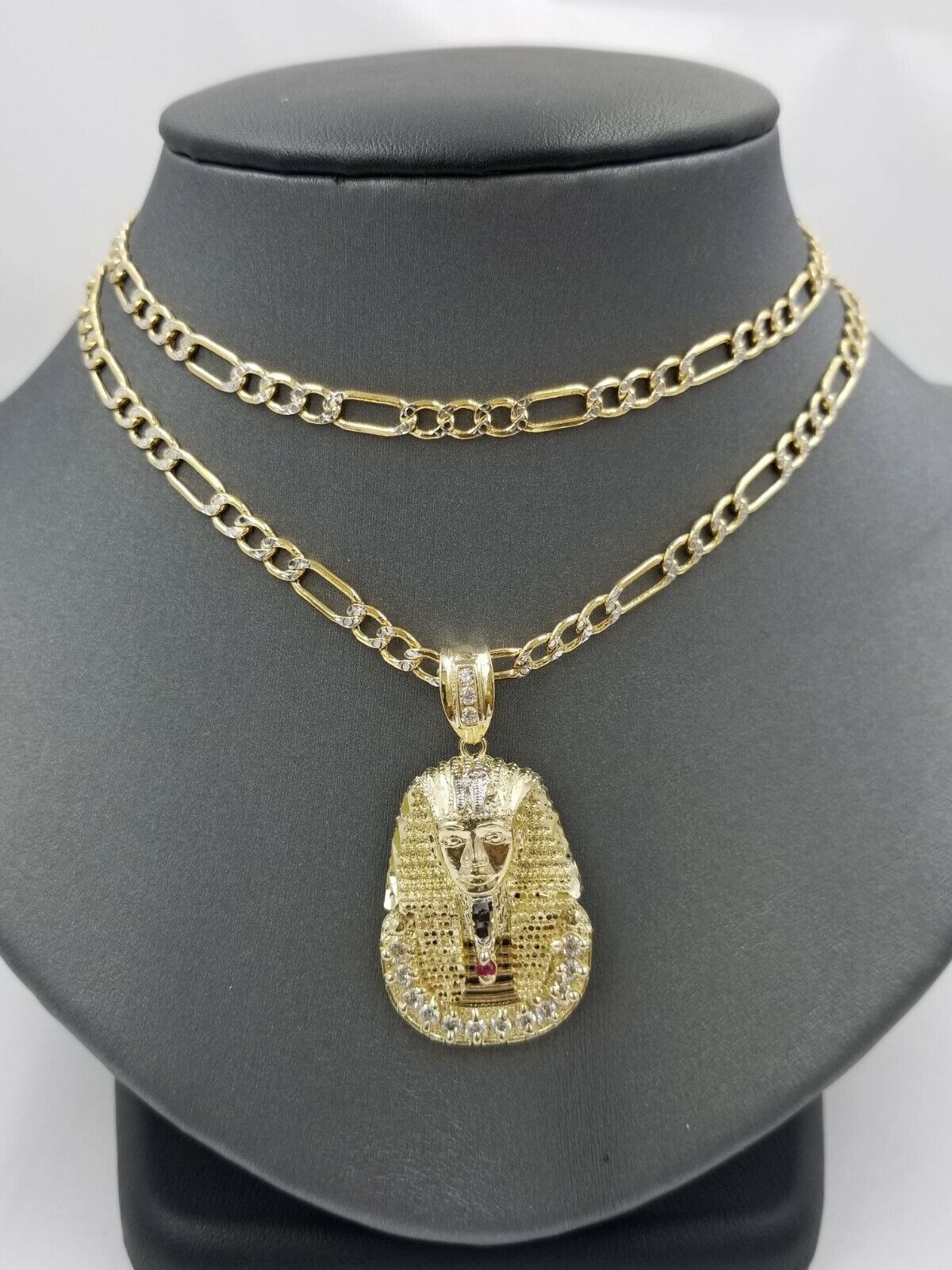 Real 10k Figaro Chain 24" Inch Diamond Cut 1.5 Inch Pharaoh Head Charm Pendant - Reva Jeweler