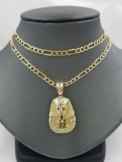Real 10k Figaro Chain 24" Inch Diamond Cut 1.5 Inch Pharaoh Head Charm Pendant - Reva Jeweler