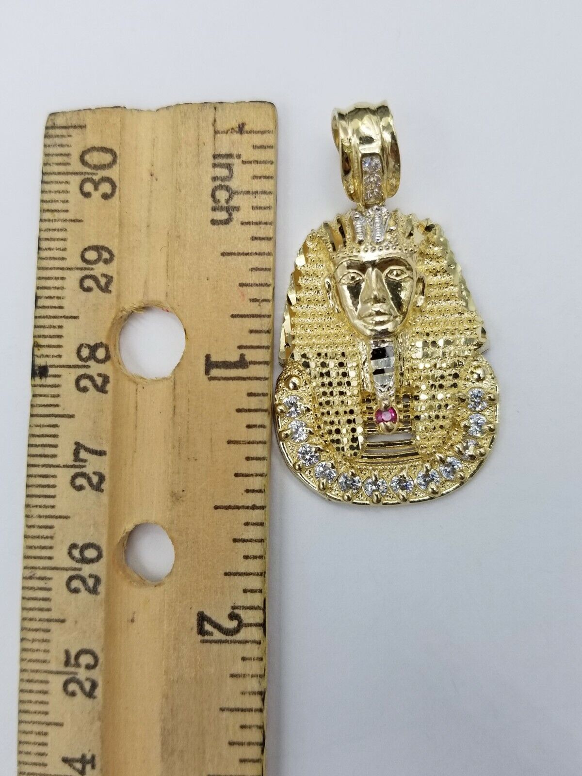 Real 10k Figaro Chain 24" Inch Diamond Cut 1.5 Inch Pharaoh Head Charm Pendant - Reva Jeweler