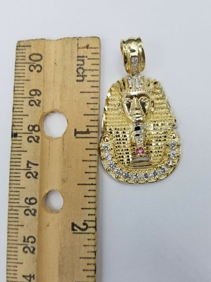 Real 10k Figaro Chain 24" Inch Diamond Cut 1.5 Inch Pharaoh Head Charm Pendant - Reva Jeweler