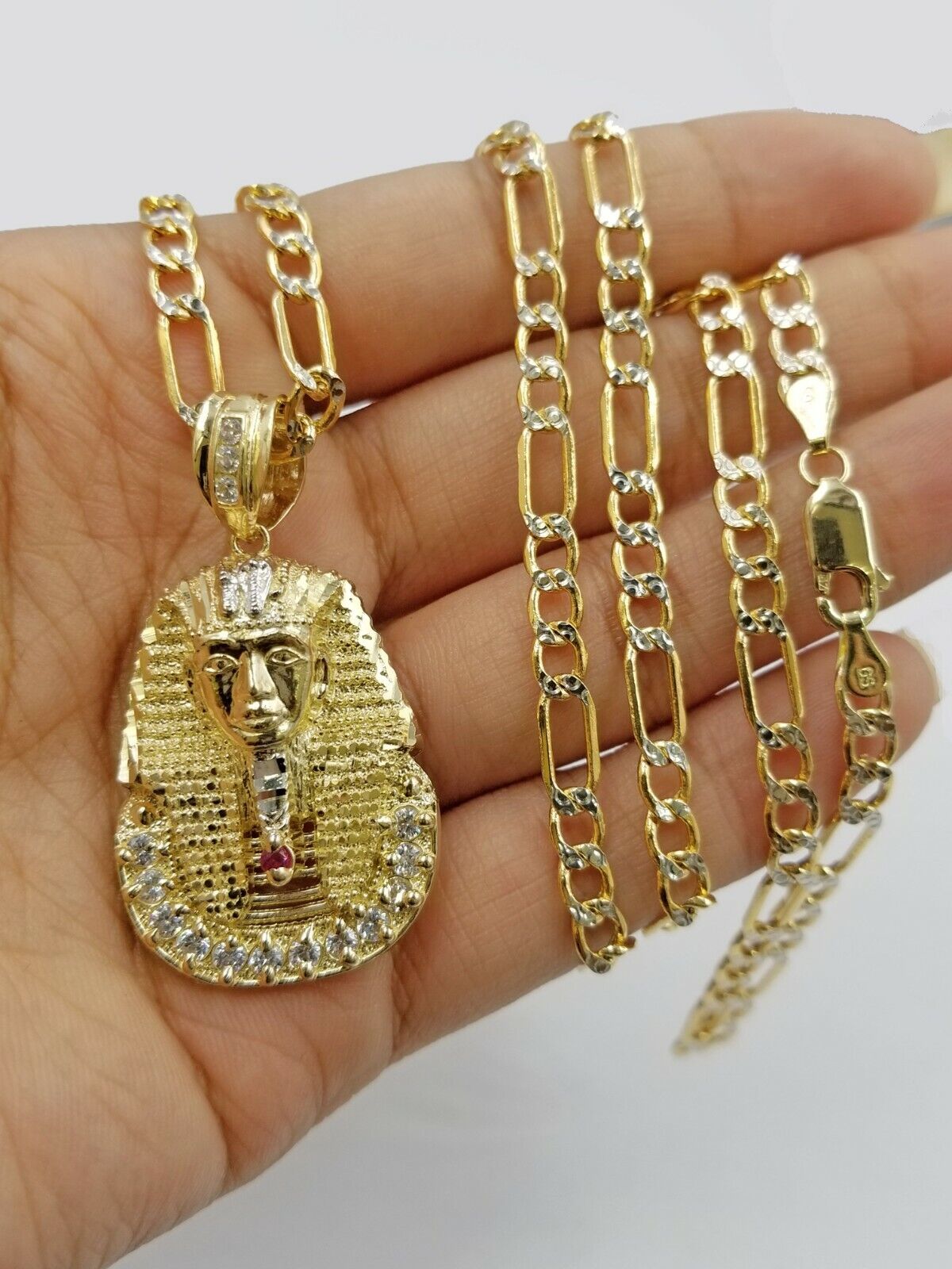 Real 10k Figaro Chain 24" Inch Diamond Cut 1.5 Inch Pharaoh Head Charm Pendant - Reva Jeweler