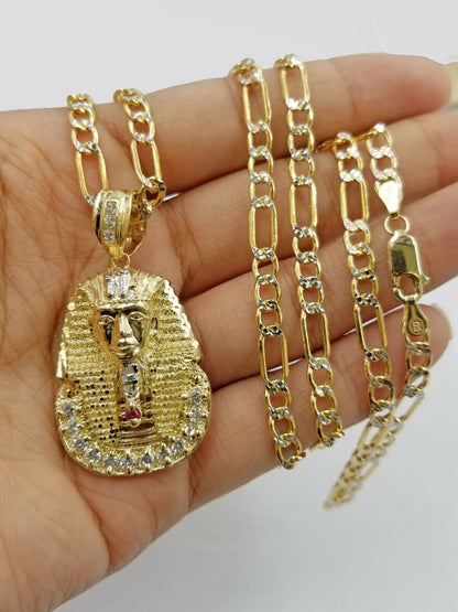 Real 10k Figaro Chain 24" Inch Diamond Cut 1.5 Inch Pharaoh Head Charm Pendant - Reva Jeweler