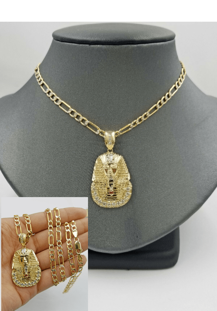 Real 10k Figaro Chain 24" Inch Diamond Cut 1.5 Inch Pharaoh Head Charm Pendant - Reva Jeweler