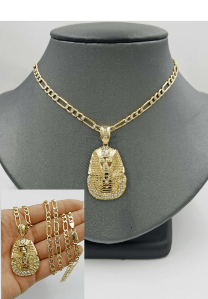 Real 10k Figaro Chain 24" Inch Diamond Cut 1.5 Inch Pharaoh Head Charm Pendant - Reva Jeweler
