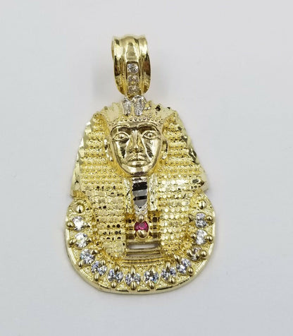 Real 10k Figaro Chain 24" Inch Diamond Cut 1.5 Inch Pharaoh Head Charm Pendant - Reva Jeweler