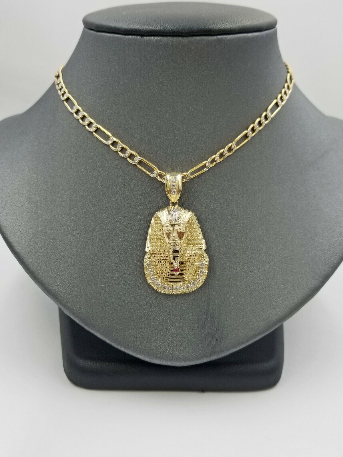 Real 10k Figaro Chain 24" Inch Diamond Cut 1.5 Inch Pharaoh Head Charm Pendant - Reva Jeweler