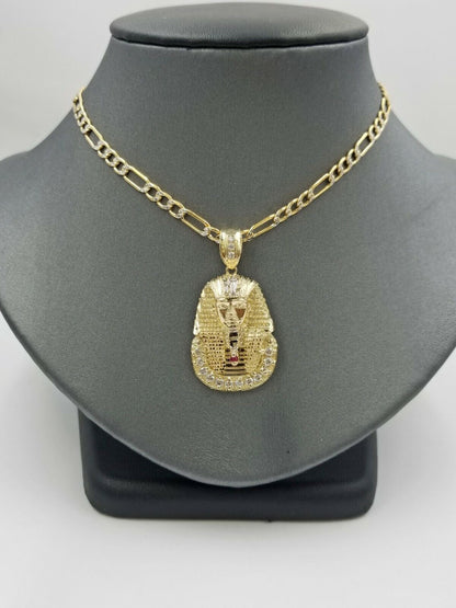 Real 10k Figaro Chain 24" Inch Diamond Cut 1.5 Inch Pharaoh Head Charm Pendant - Reva Jeweler