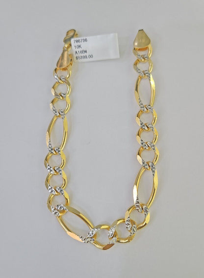 Real 10k Figaro link Bracelet Yellow Gold 9mm 8.5" Inches Solid Diamond Cut - GoldenlinQ