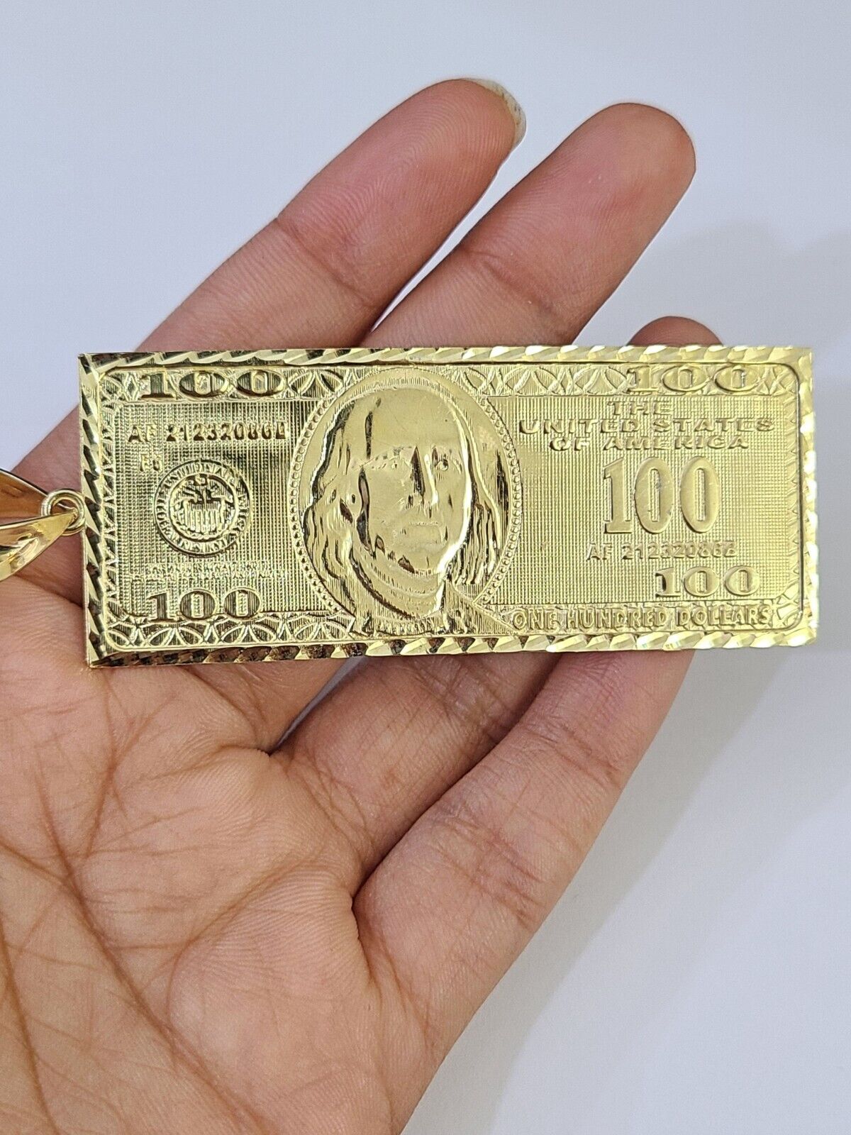 Real 10K Gold 100 Dollar Bill Charm Diamond Cut 10kt yellow Gold Charm - Reva Jeweler