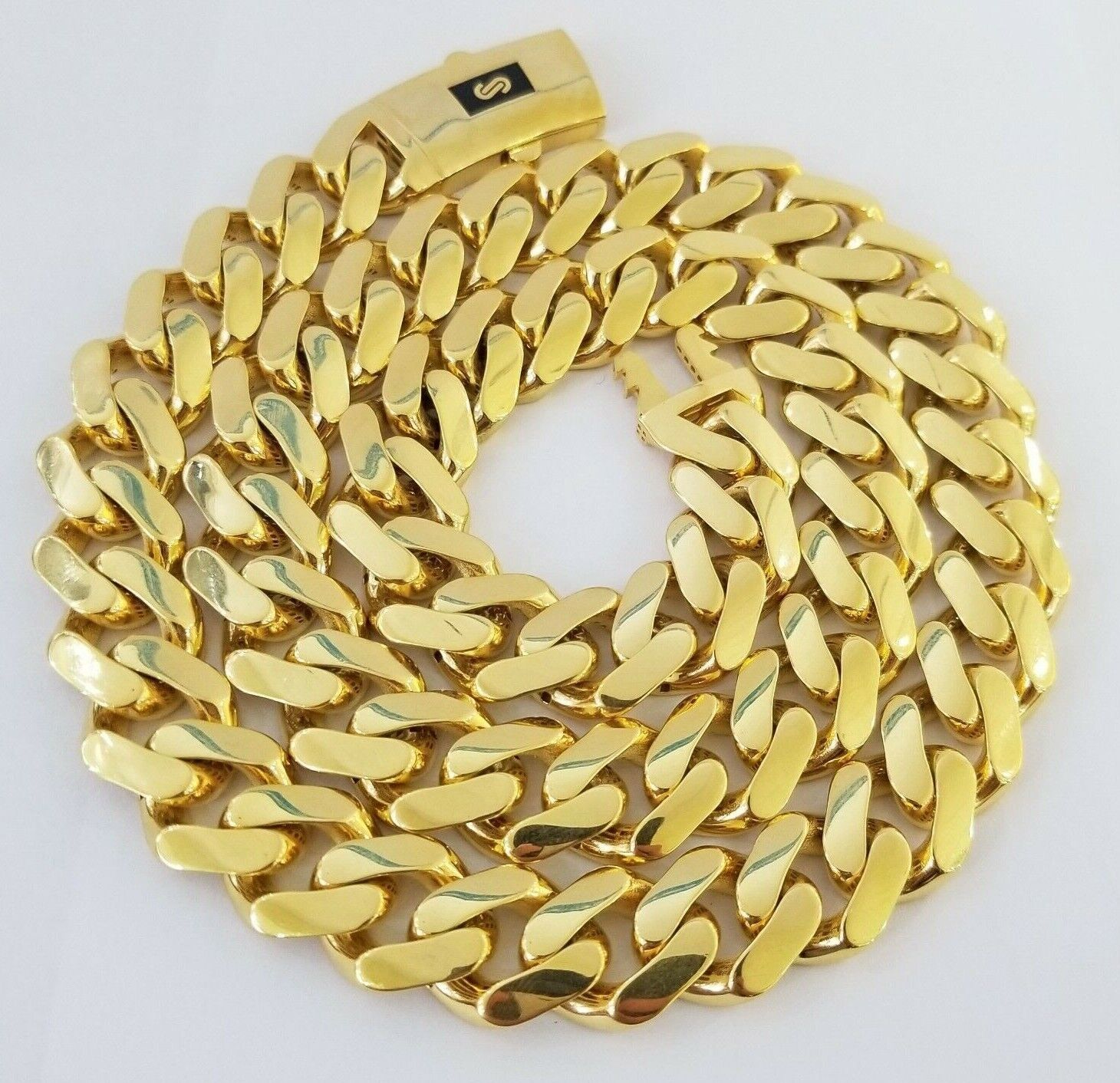 Real 10k Gold 15mm Mens Chain Royal Link Miami Cuban Monaco 22" Short Necklace - Reva Jeweler