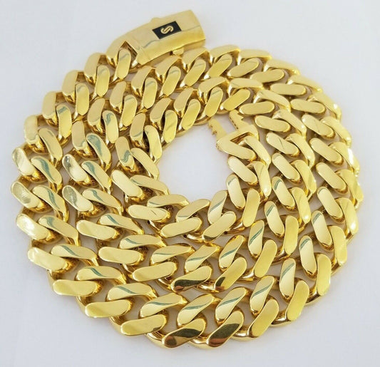 Real 10k Gold 15mm Mens Chain Royal Link Miami Cuban Monaco 22" Short Necklace - Reva Jeweler