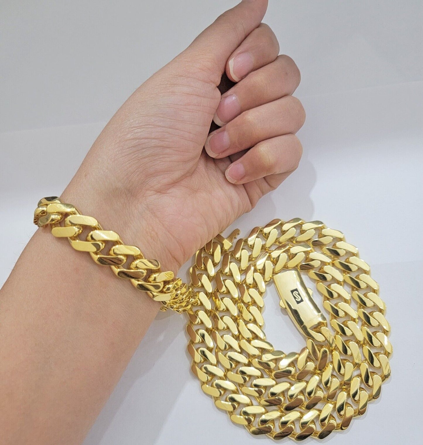 Real 10k Gold 15mm Mens Chain Royal Link Miami Cuban Monaco 22" Short Necklace - Reva Jeweler