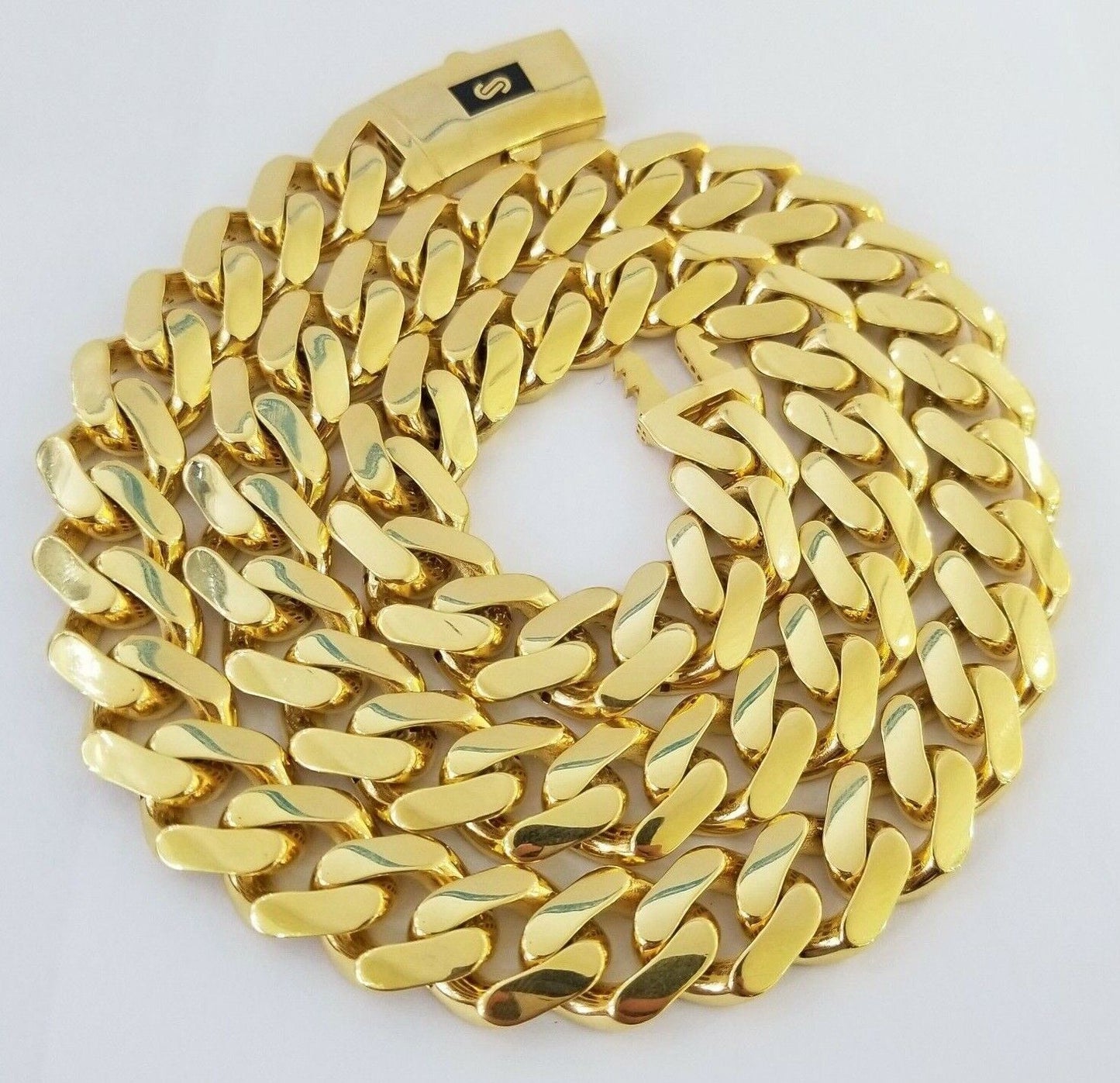 Real 10k Gold 15mm Mens Chain Royal Link Miami Cuban Monaco 24" Plain Necklace - Reva Jeweler