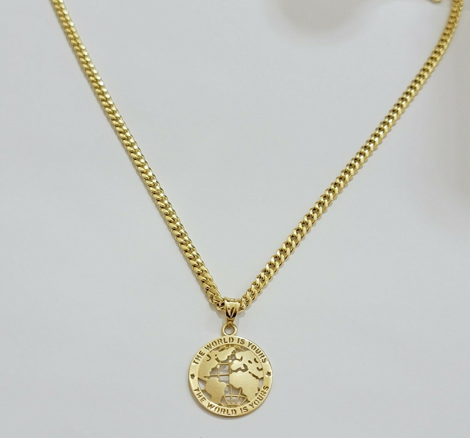 Real 10k Gold 22" Miami Cuban Link Chain Pendant Set 3.5mm Necklace World Charm - Reva Jeweler