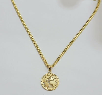 Real 10k Gold 22" Miami Cuban Link Chain Pendant Set 3.5mm Necklace World Charm - Reva Jeweler