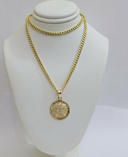 Real 10k Gold 22" Miami Cuban Link Chain Pendant Set 3.5mm Necklace World Charm - Reva Jeweler