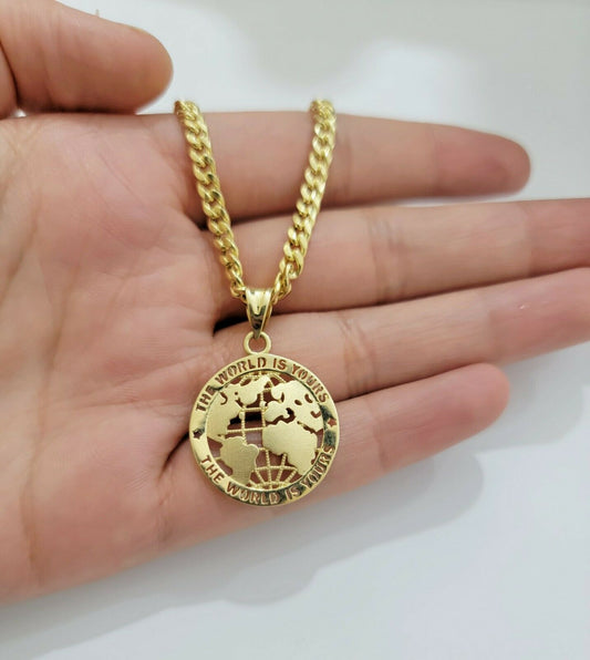 Real 10k Gold 22" Miami Cuban Link Chain Pendant Set 3.5mm Necklace World Charm - Reva Jeweler