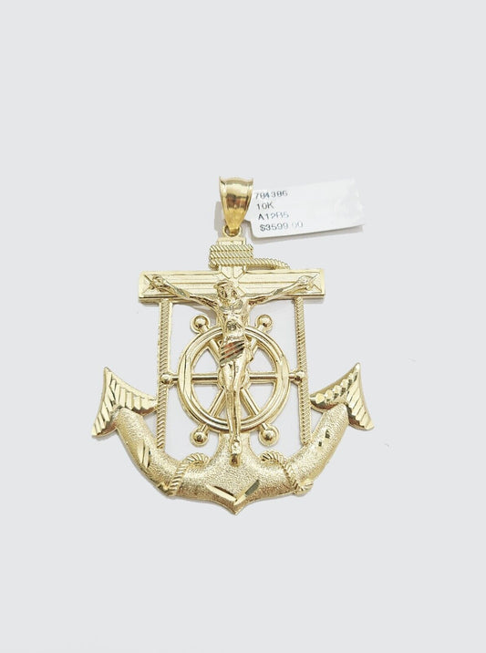 Real 10k Gold Anchor Jesus Cross Charm Pendant 10kt Yellow Gold Men Women - Reva Jeweler