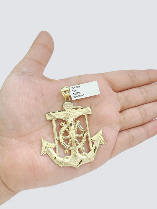 Real 10k Gold Anchor Jesus Cross Charm Pendant 10kt Yellow Gold Men Women - Reva Jeweler