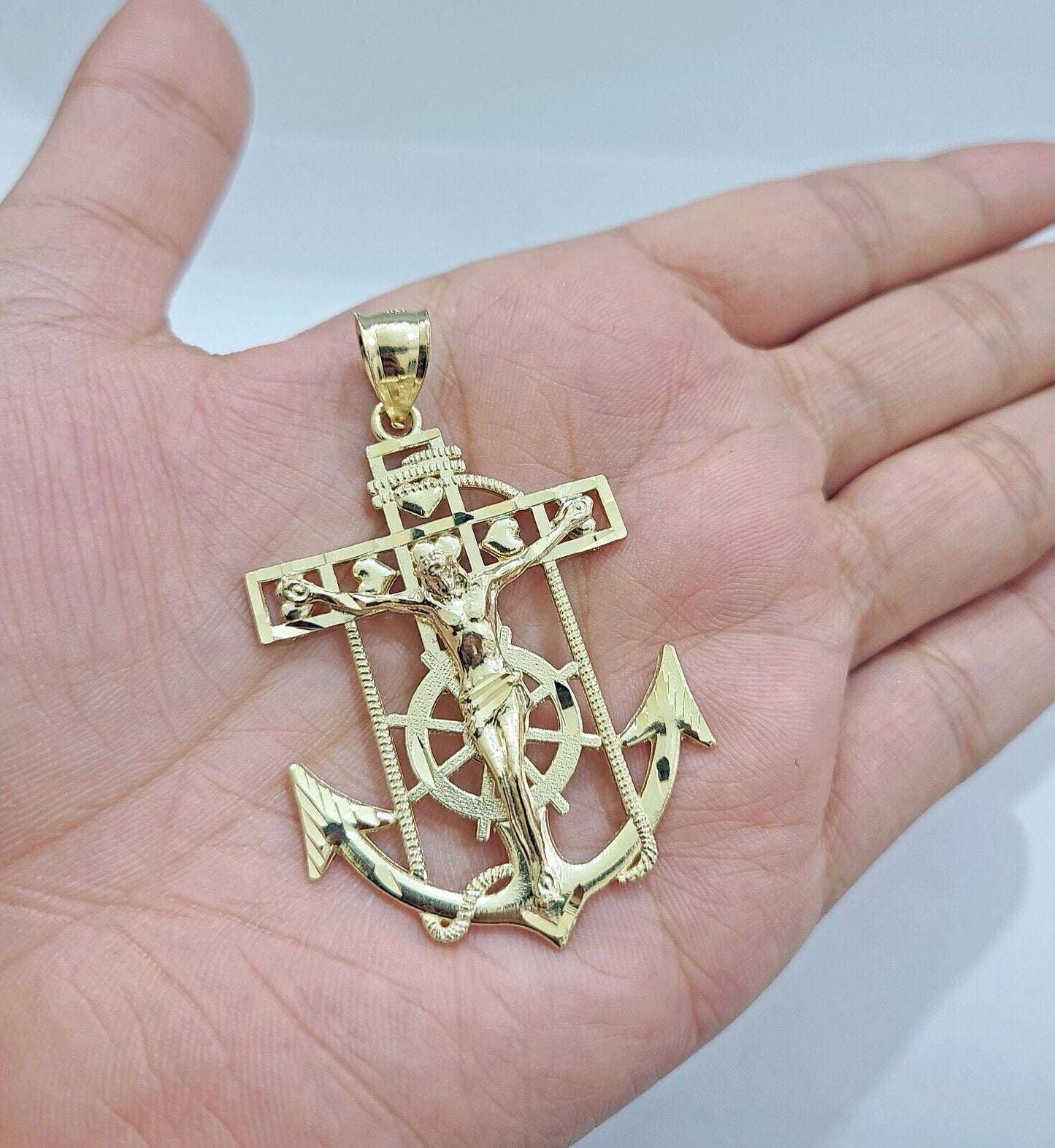 Real 10k Gold Anchor Jesus Crucifix Charm Pendant 10kt Yellow Gold Men Women - GoldenlinQ
