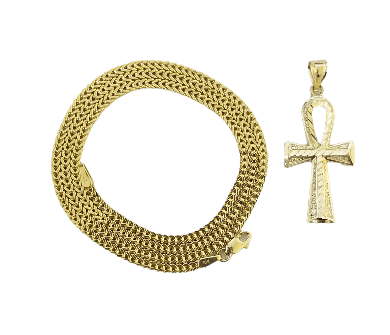 Real 10k Gold Ankh Cross Egyptian Symbol Pendent 2mm Franco Chain 18" - 26" Inch - Reva Jeweler