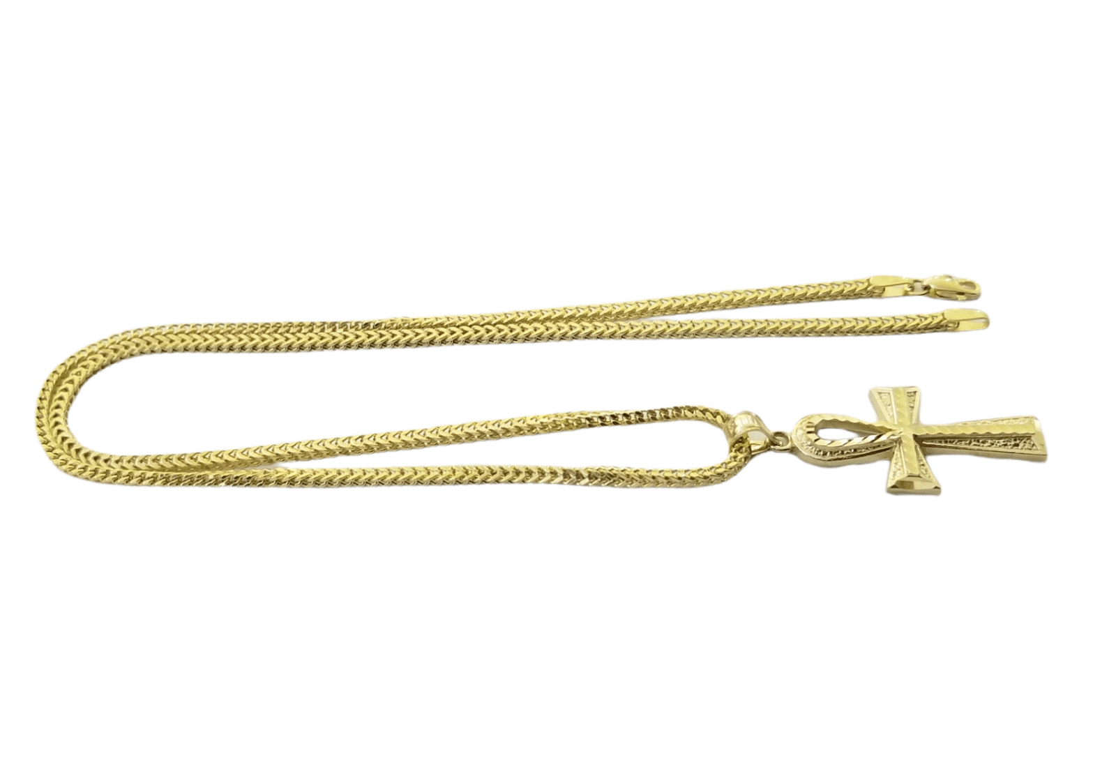 Real 10k Gold Ankh Cross Egyptian Symbol Pendent 2mm Franco Chain 18" - 26" Inch - Reva Jeweler
