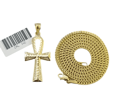 Real 10k Gold Ankh Cross Egyptian Symbol Pendent 2mm Franco Chain 18" - 26" Inch - Reva Jeweler