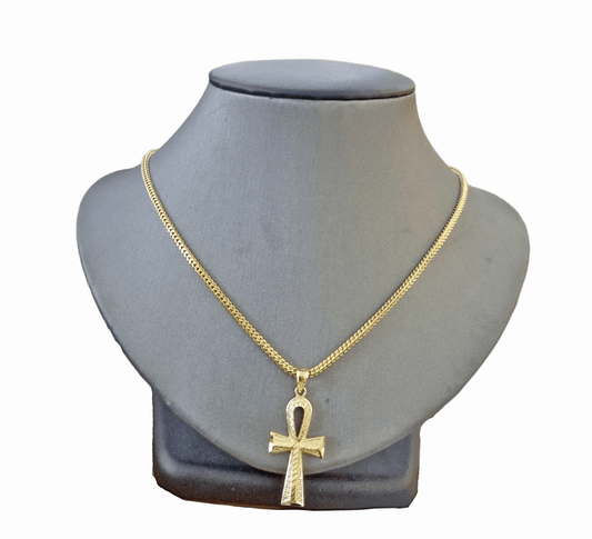 Real 10k Gold Ankh Cross Egyptian Symbol Pendent 2mm Franco Chain 18" - 26" Inch - Reva Jeweler