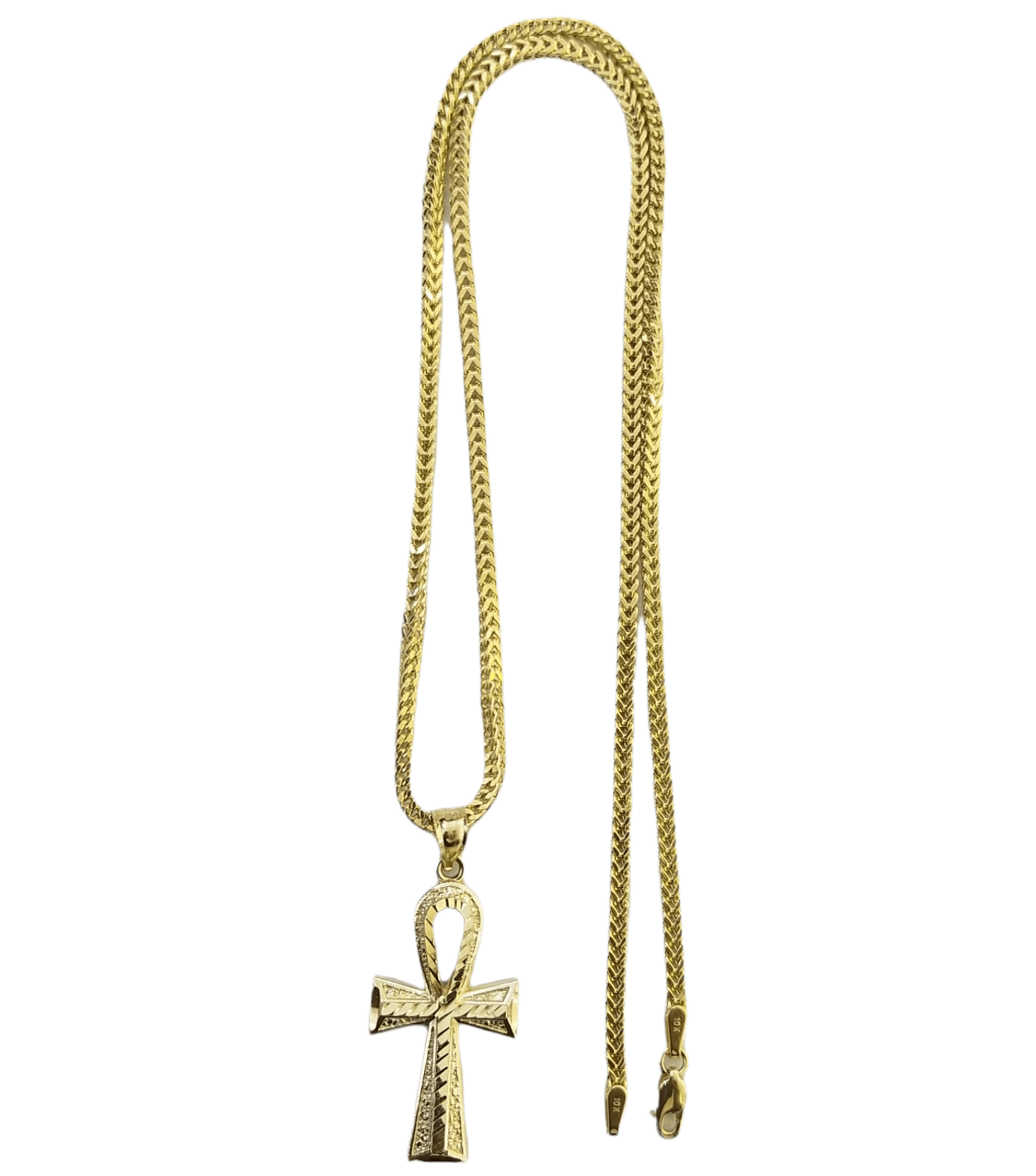 Real 10k Gold Ankh Cross Egyptian Symbol Pendent 2mm Franco Chain 18" - 26" Inch - Reva Jeweler