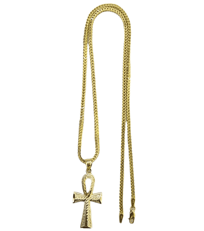 Real 10k Gold Ankh Cross Egyptian Symbol Pendent 2mm Franco Chain 18" - 26" Inch - Reva Jeweler