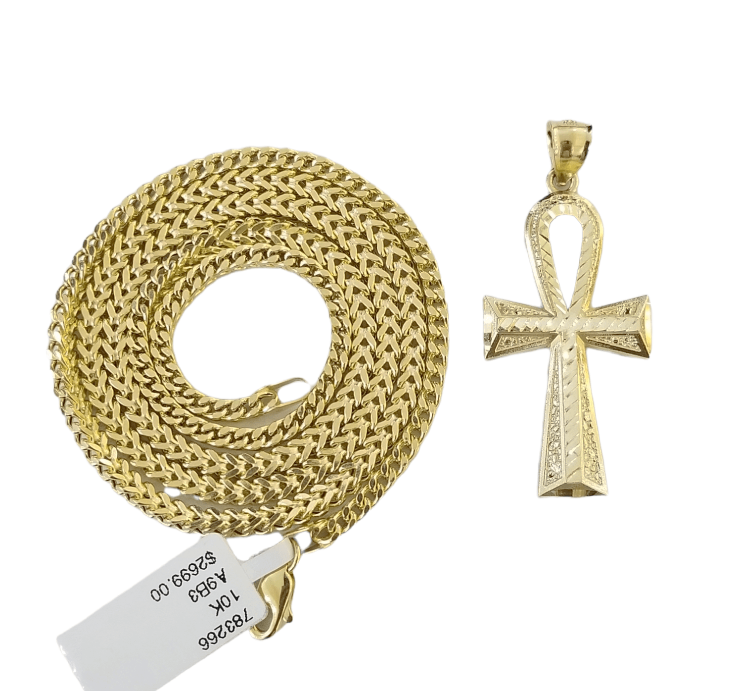 Real 10k Gold Ankh Cross Egyptian Symbol Pendent 3mm Franco Chain 18" - 28" Inch - Reva Jeweler