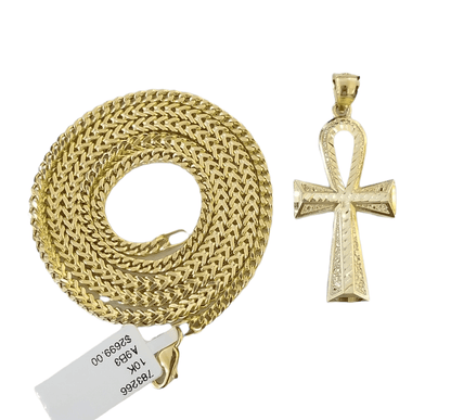 Real 10k Gold Ankh Cross Egyptian Symbol Pendent 3mm Franco Chain 18" - 28" Inch - Reva Jeweler