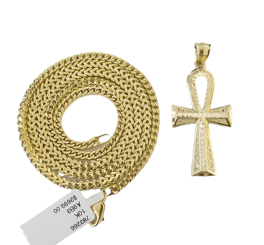 Real 10k Gold Ankh Cross Egyptian Symbol Pendent 3mm Franco Chain 18" - 28" Inch - Reva Jeweler