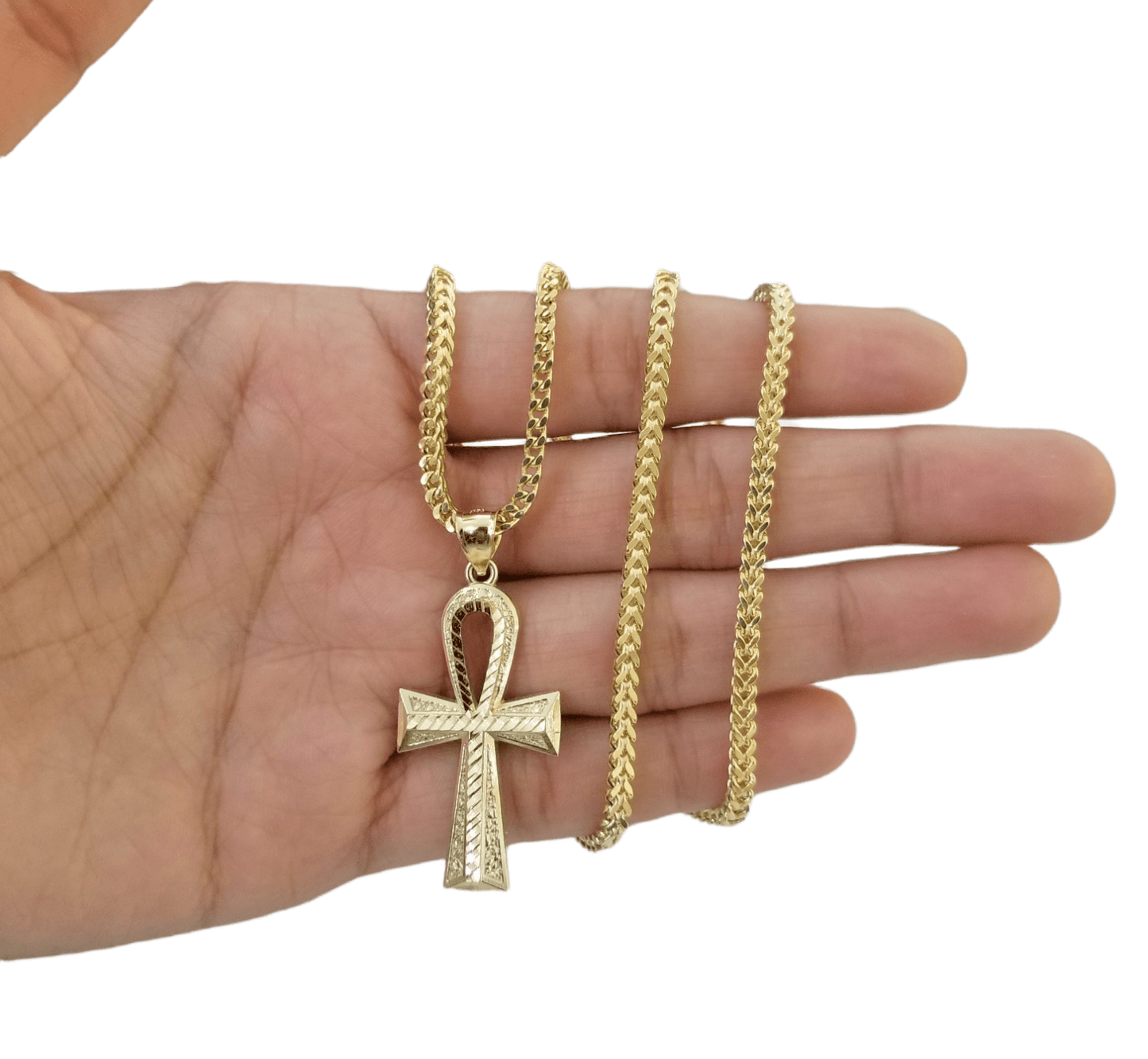 Real 10k Gold Ankh Cross Egyptian Symbol Pendent 3mm Franco Chain 18" - 28" Inch - Reva Jeweler