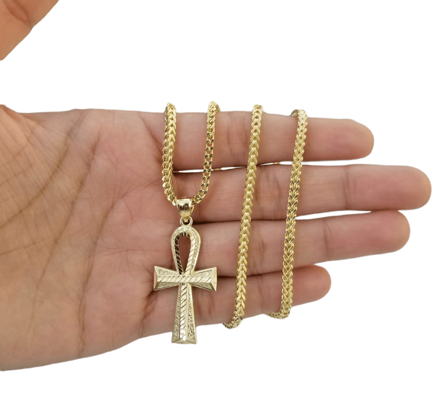 Real 10k Gold Ankh Cross Egyptian Symbol Pendent 3mm Franco Chain 18" - 28" Inch - Reva Jeweler