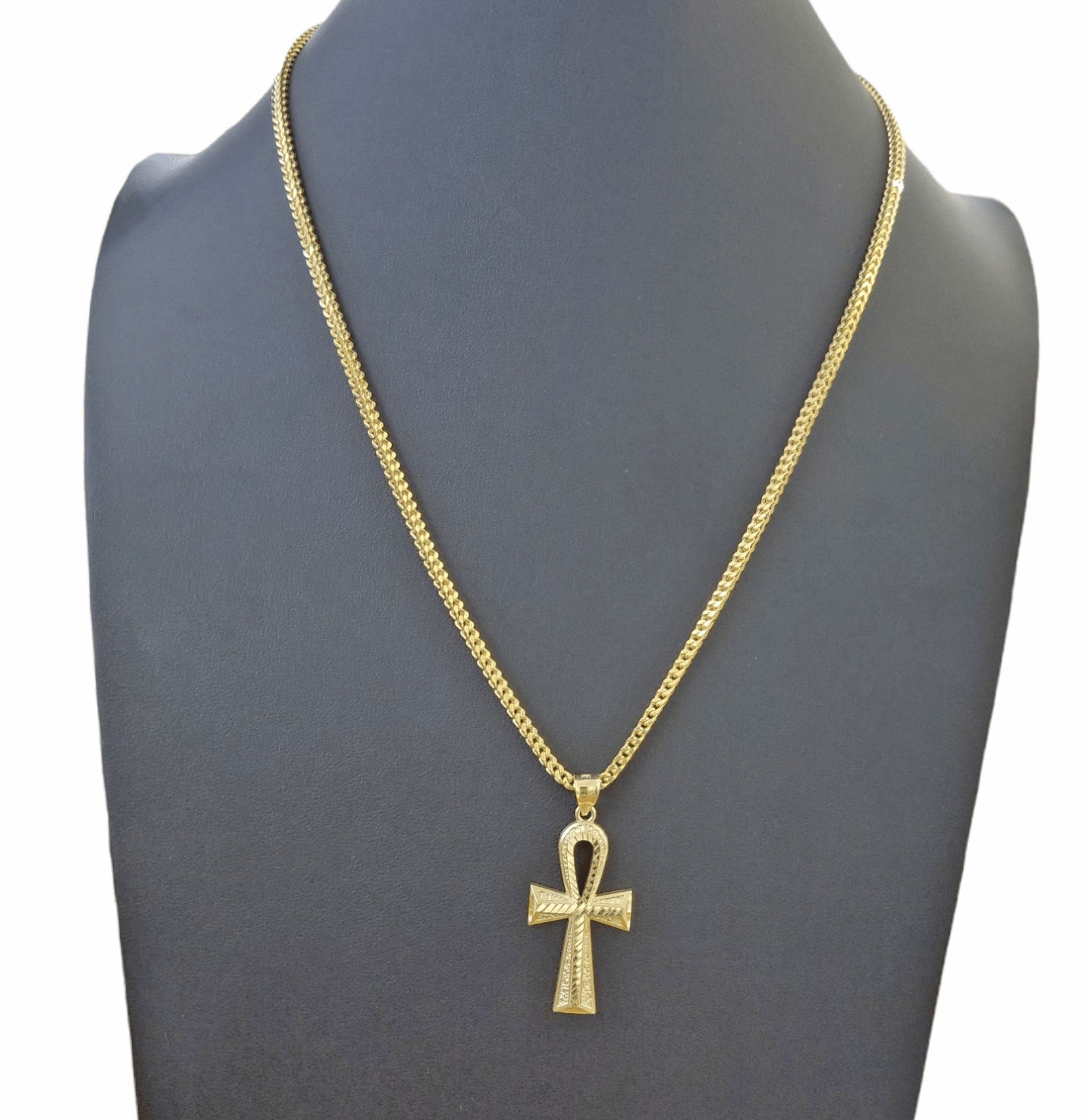 Real 10k Gold Ankh Cross Egyptian Symbol Pendent 3mm Franco Chain 18" - 28" Inch - Reva Jeweler