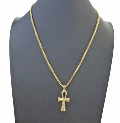 Real 10k Gold Ankh Cross Egyptian Symbol Pendent 3mm Franco Chain 18" - 28" Inch - Reva Jeweler