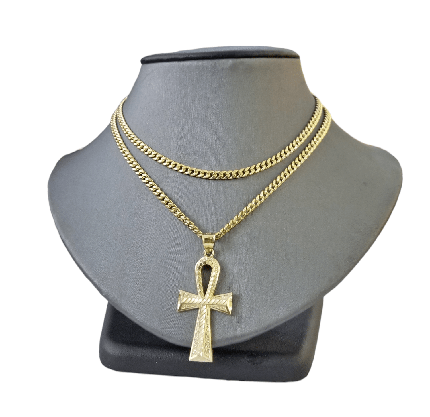 Real 10k Gold Ankh Cross Pendent 4mm Cuban Link Chain 18"20' 22" 24" 26" SET - Reva Jeweler