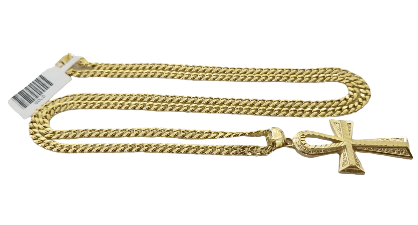 Real 10k Gold Ankh Cross Pendent 4mm Cuban Link Chain 18"20' 22" 24" 26" SET - Reva Jeweler