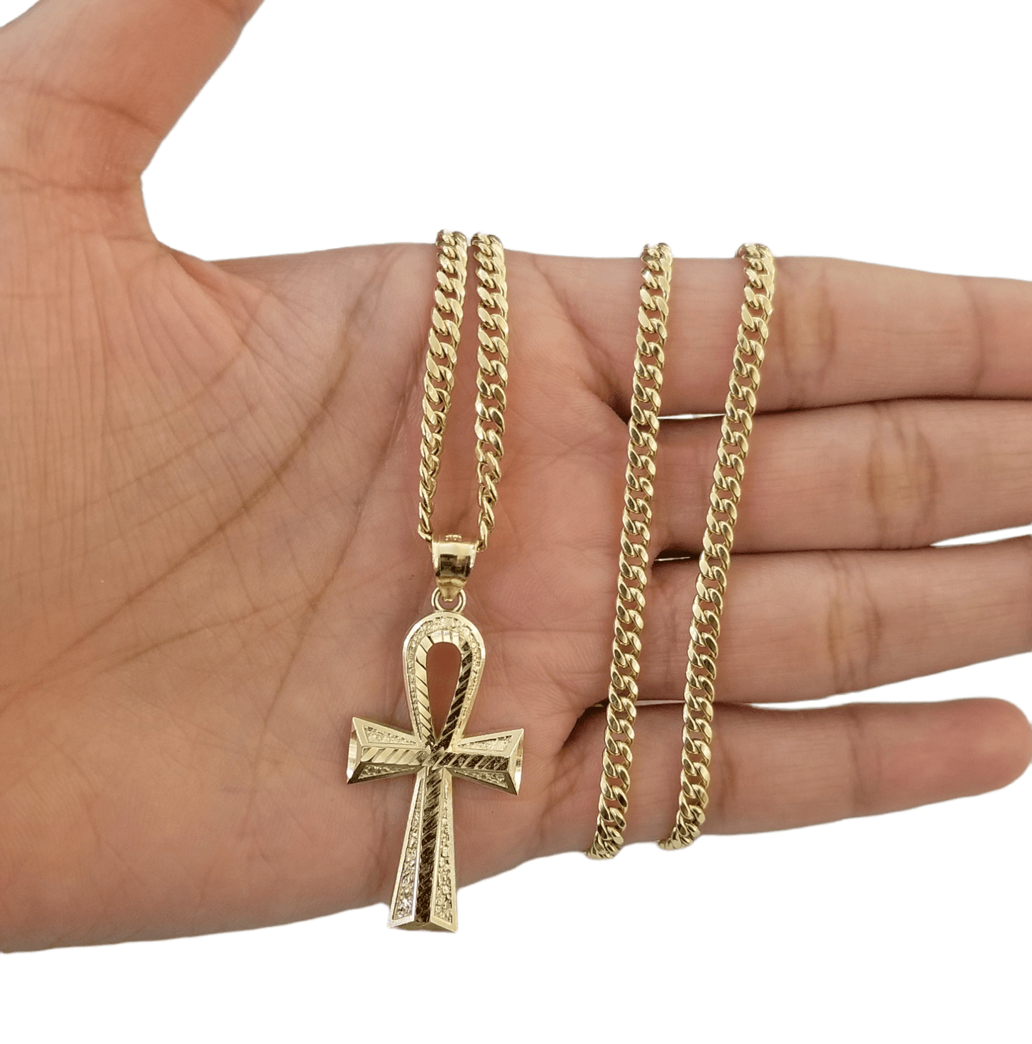 Real 10k Gold Ankh Cross Pendent 4mm Cuban Link Chain 18"20' 22" 24" 26" SET - Reva Jeweler