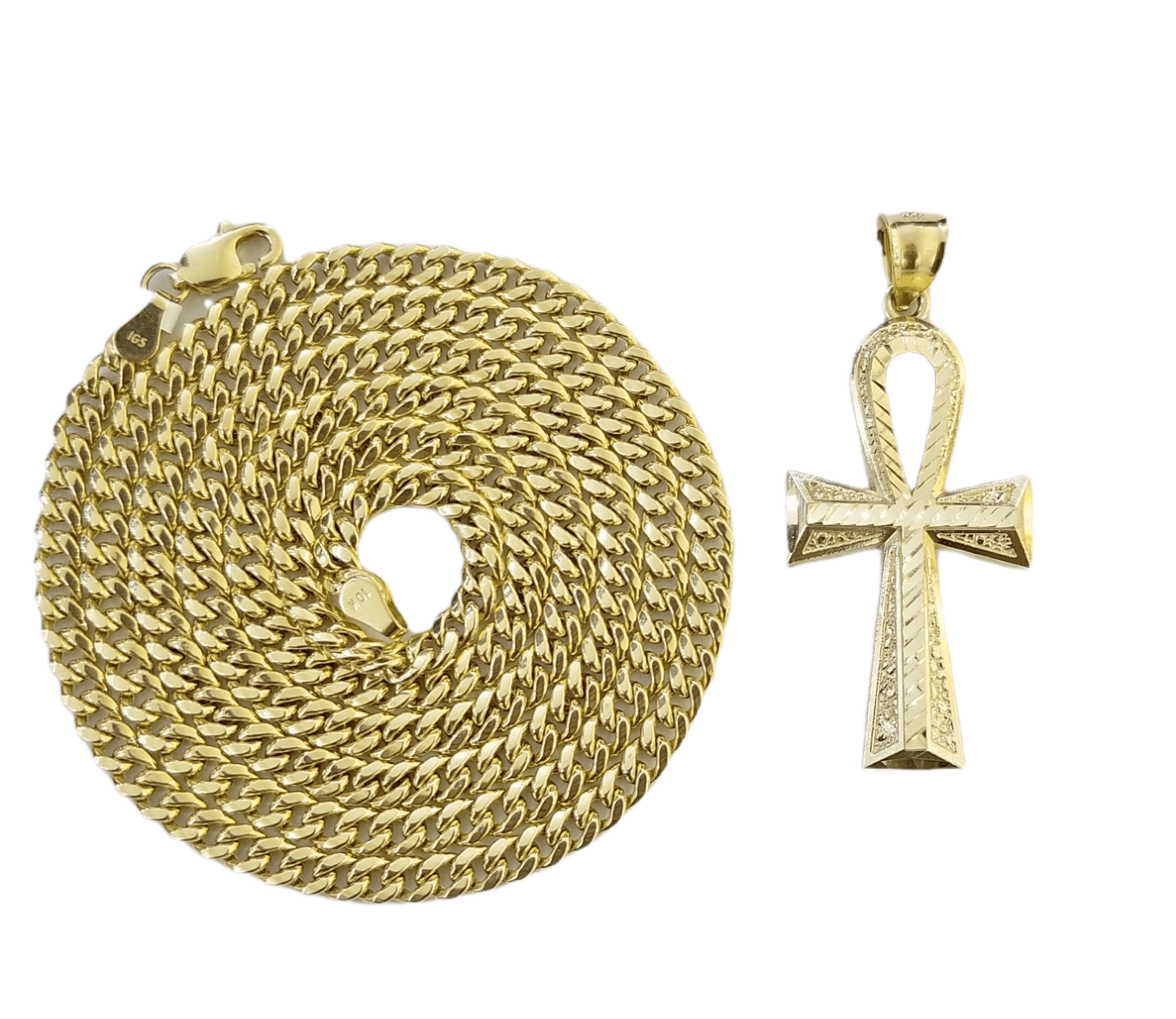 Real 10k Gold Ankh Cross Pendent 4mm Cuban Link Chain 18"20' 22" 24" 26" SET - Reva Jeweler