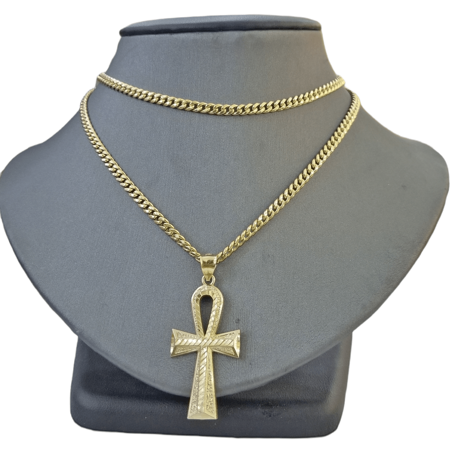 Real 10k Gold Ankh Cross Pendent 4mm Cuban Link Chain 18"20' 22" 24" 26" SET - Reva Jeweler