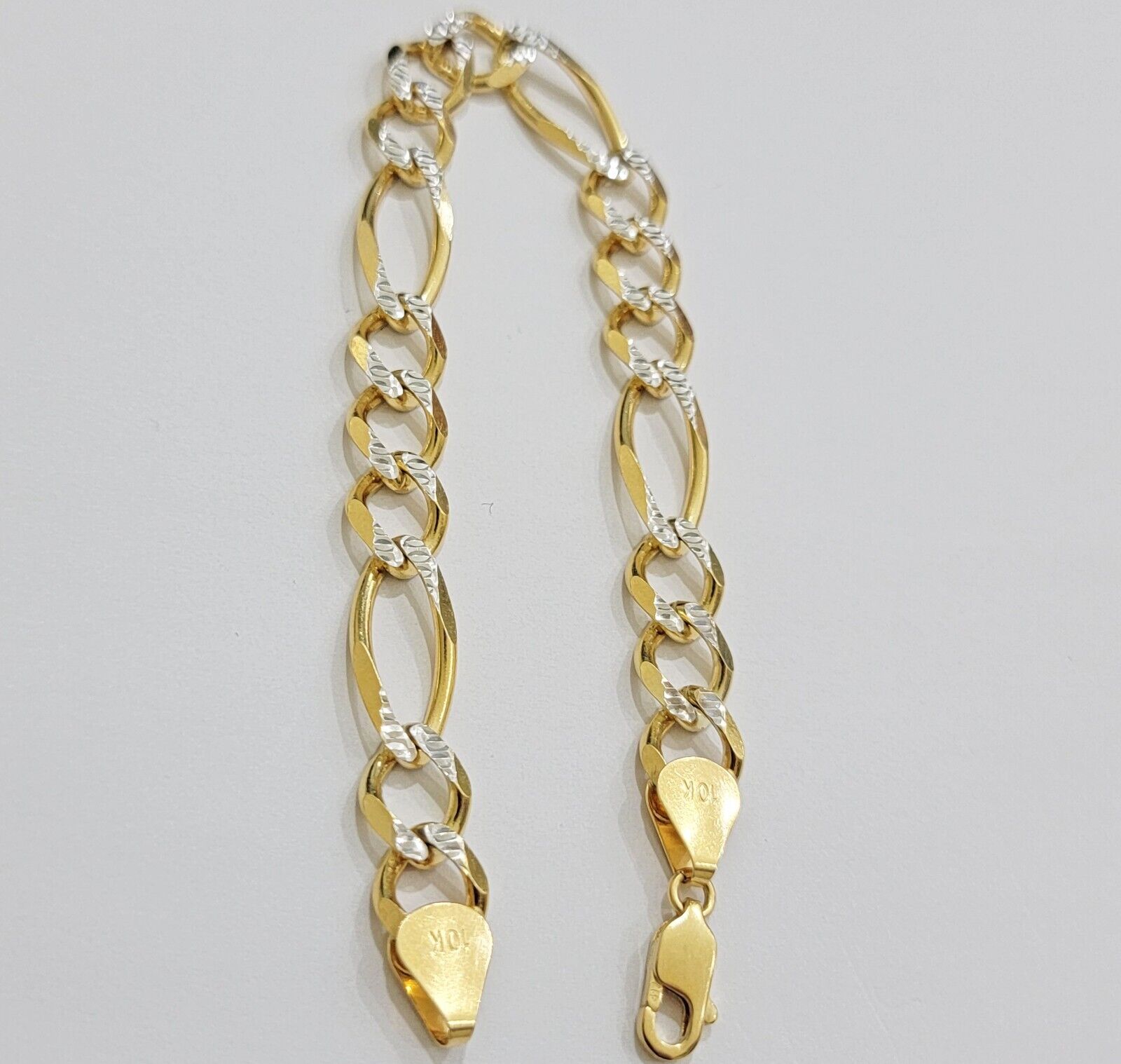 REAL 10k Gold Bracelet Figaro Link Solid Yellow Gold 8.5" 9mm Two - tone Diamond - Reva Jeweler