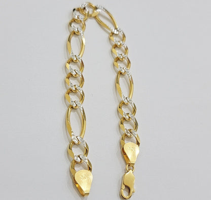 REAL 10k Gold Bracelet Figaro Link Solid Yellow Gold 8.5" 9mm Two - tone Diamond - Reva Jeweler